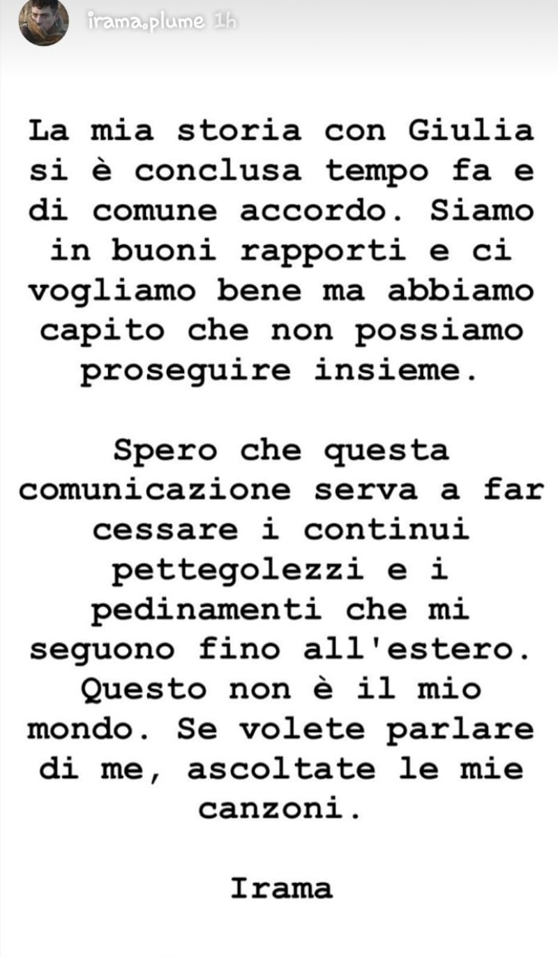 Irama ufficializza la rottura con Giulia De Lellis