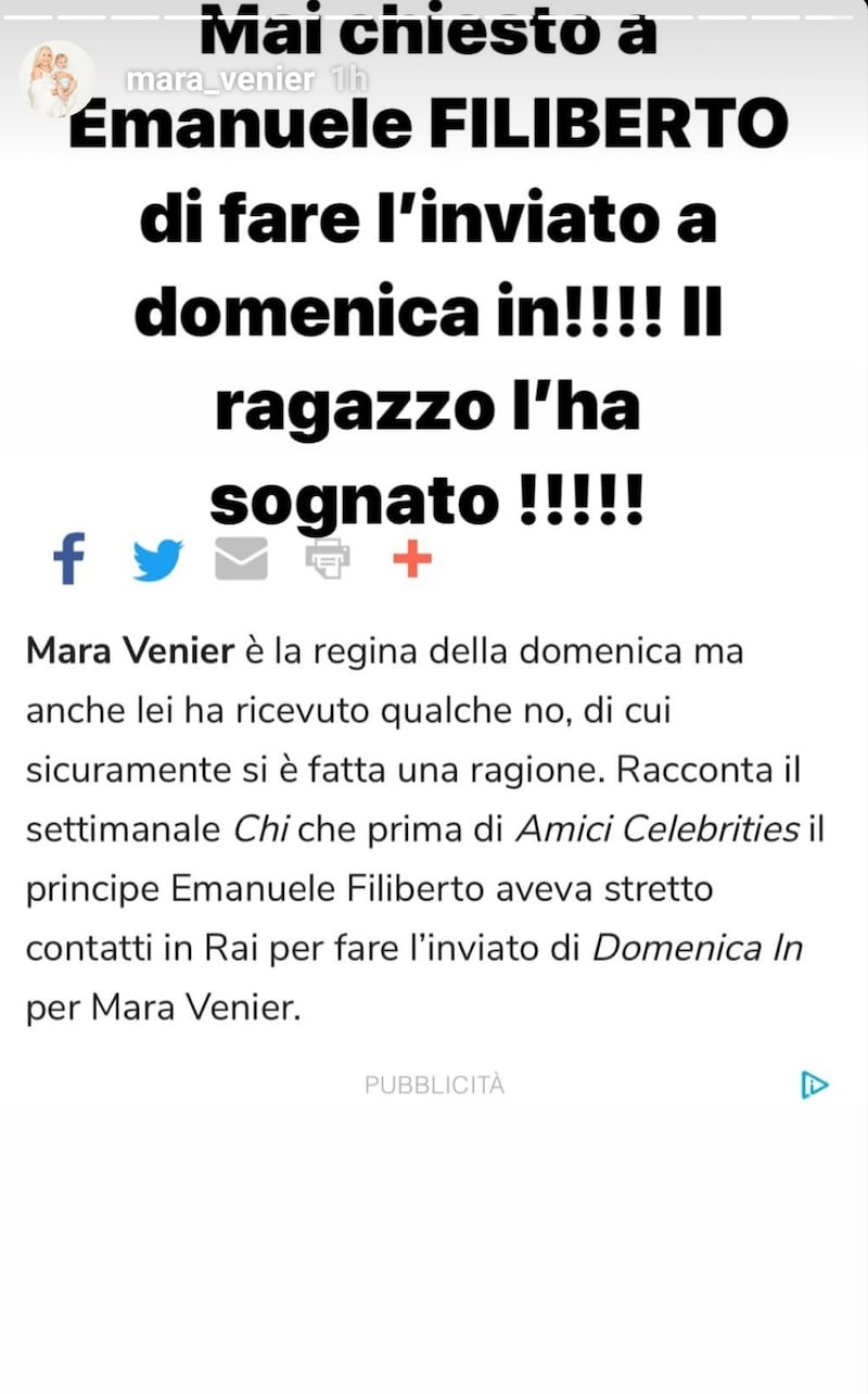 Mara Venier dichiarazione social
