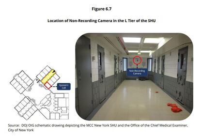 Nella foto diffusa dal Dipartimento alla Giustizia Usa, il posizionamento della telecamera di sorveglianza non funzionante vicino alla cella in cui è stato trovato morto Jeffrey Epstein al Metropolitan Correctional Center di Manhattan