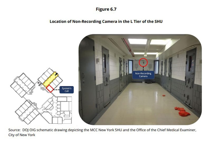 Nella foto diffusa dal Dipartimento alla Giustizia Usa, il posizionamento della telecamera di sorveglianza non funzionante vicino alla cella in cui è stato trovato morto Jeffrey Epstein al Metropolitan Correctional Center di Manhattan