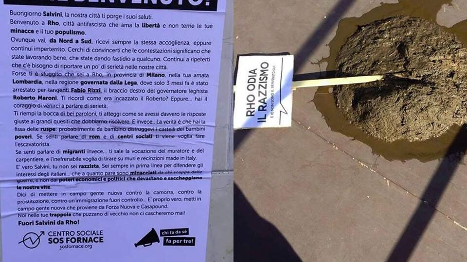 Rho, i centri sociali contestano Salvini e riempiono la città di letame