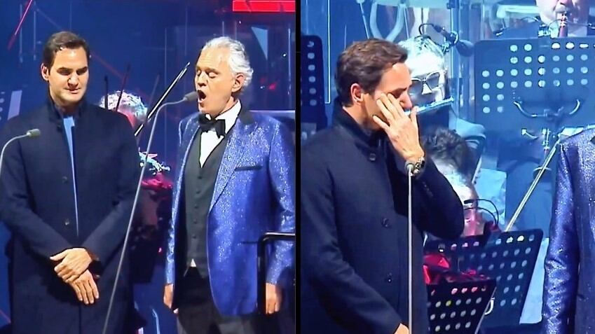 Bocelli, omaggio da brividi, e Federer scoppia in lacrime