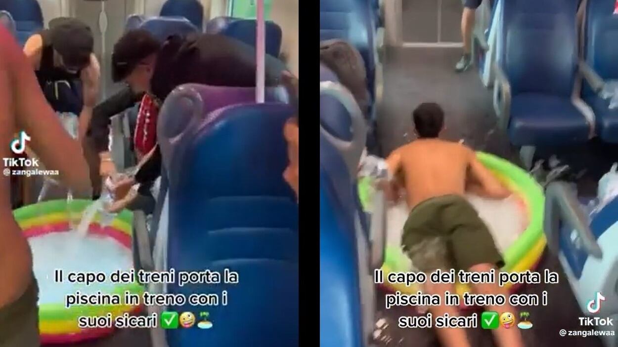 Piscina gonfiabile e ombrellone sul treno regionale: l'ultima follia sui social