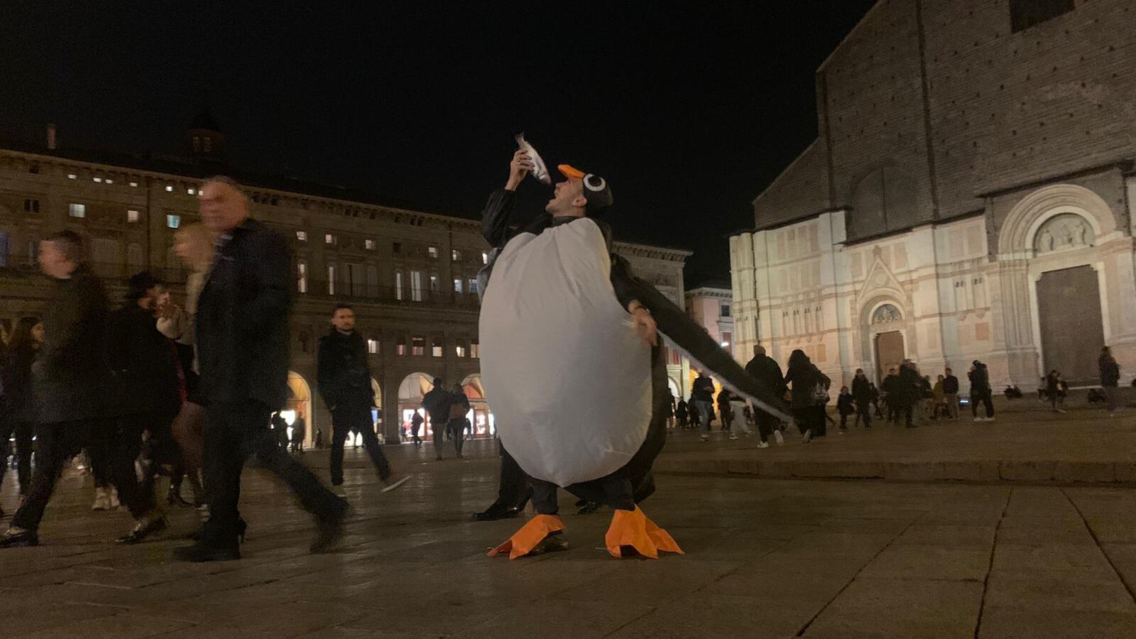 Bologna, a piazza Maggiore spunta il pinguino anti-sardine
