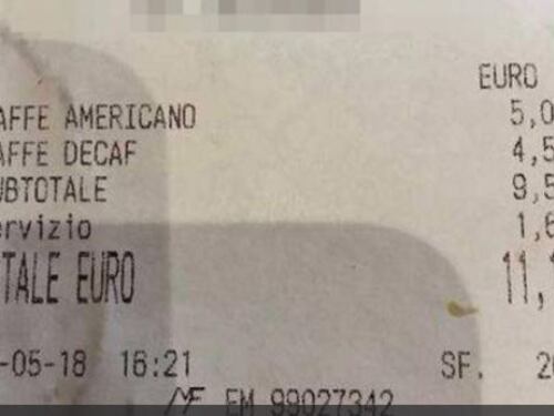 Salasso sullo scontrino: 11 euro per due caffè