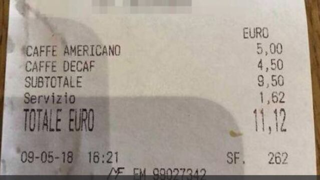 Salasso sullo scontrino: 11 euro per due caffè