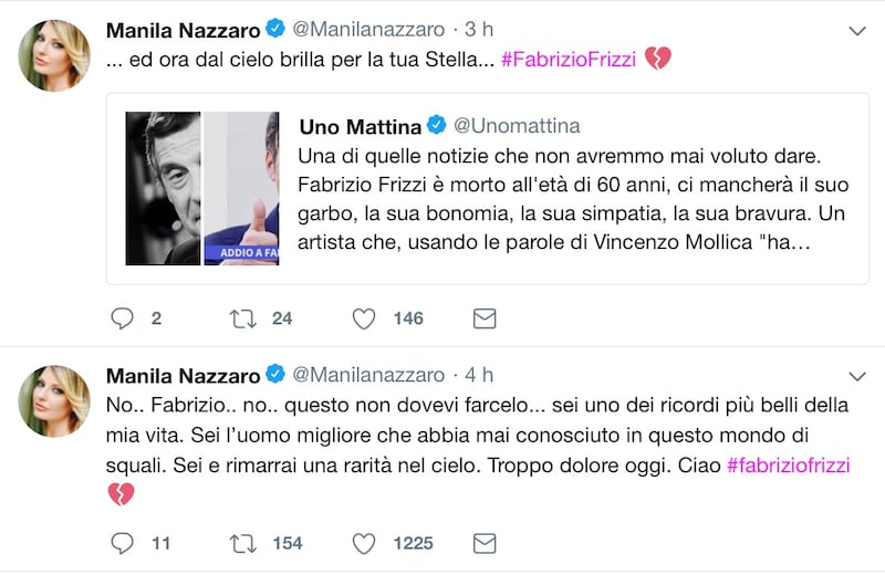 Fabrizio Frizzi, il cordoglio social dei vip 16