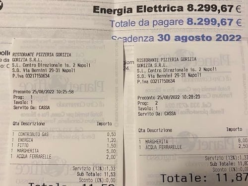 Sovrapprezzo per luce e gas nello scontrino: la provocazione del titolare di una pizzeria