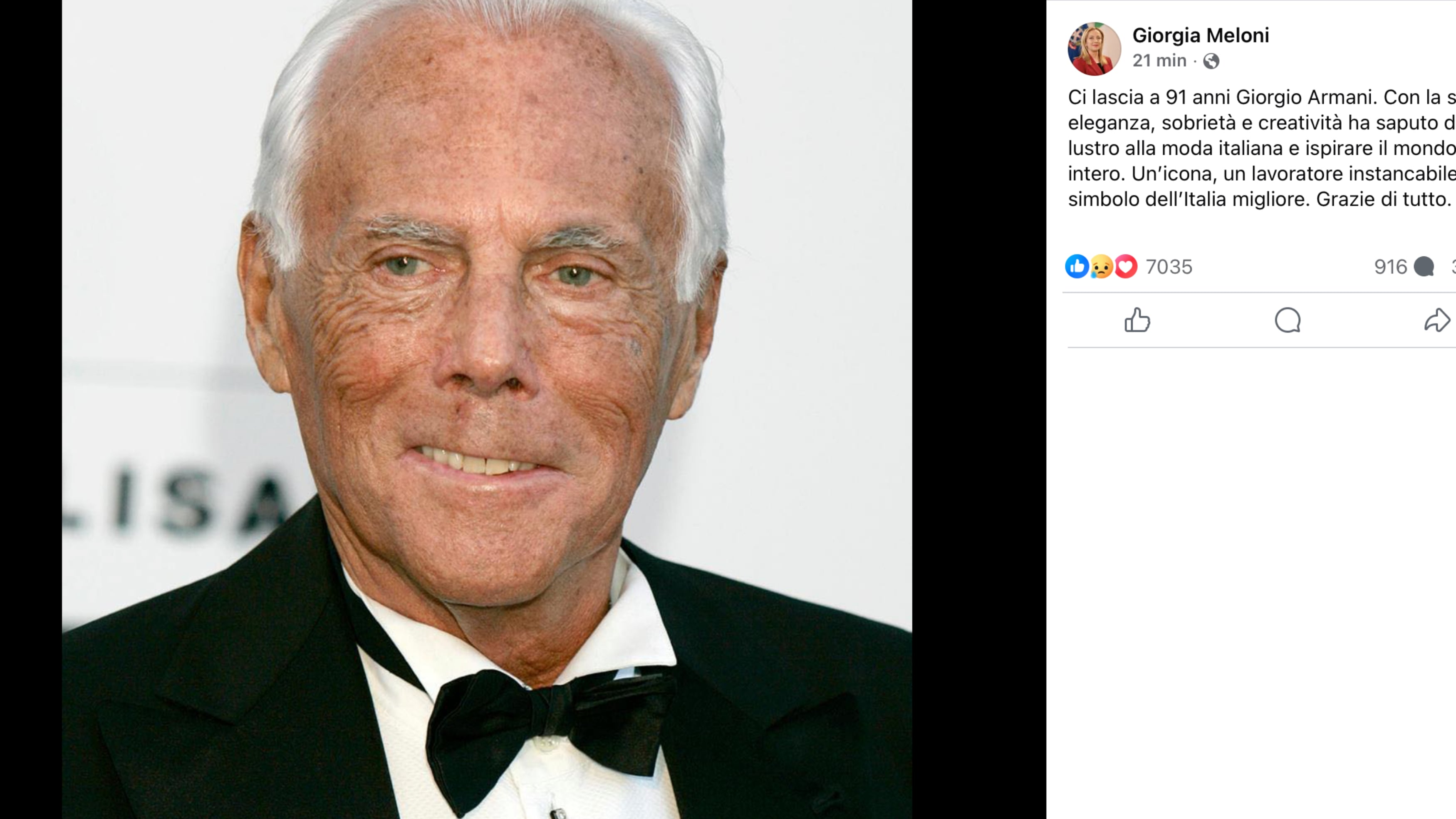 Morto Giorgio Armani, Meloni: “Grazie di tutto”