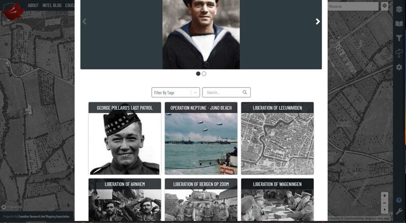 La pagina delle Story Maps, piccolo racconti che sfruttano la tecnologia di Project44 per descrivere alcune biografie di soldati canadesi decorati o di alcune importanti operazioni effettuate dalle truppe canadesi.