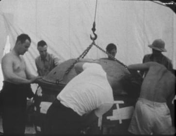L'ispezione di Gadget prima della detonazione. Fonte: Los Alamos National Library
