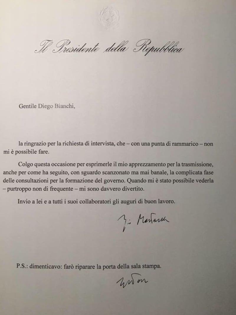 Lettera di Mattarella a Diego Bianchi