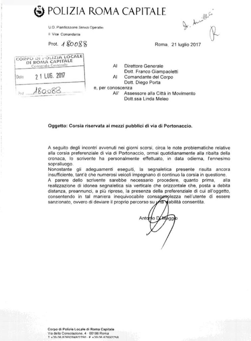 lettera vice comandante dei vigili via di portonaccio