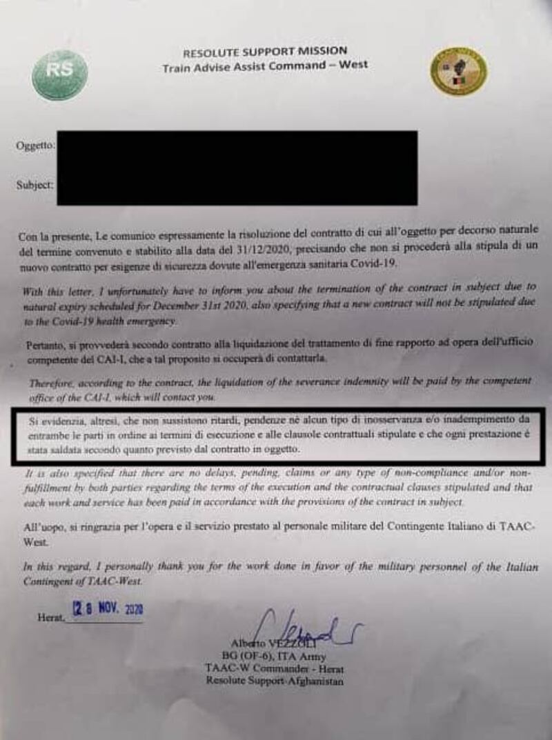 Lettera licenziamento degli interpreti