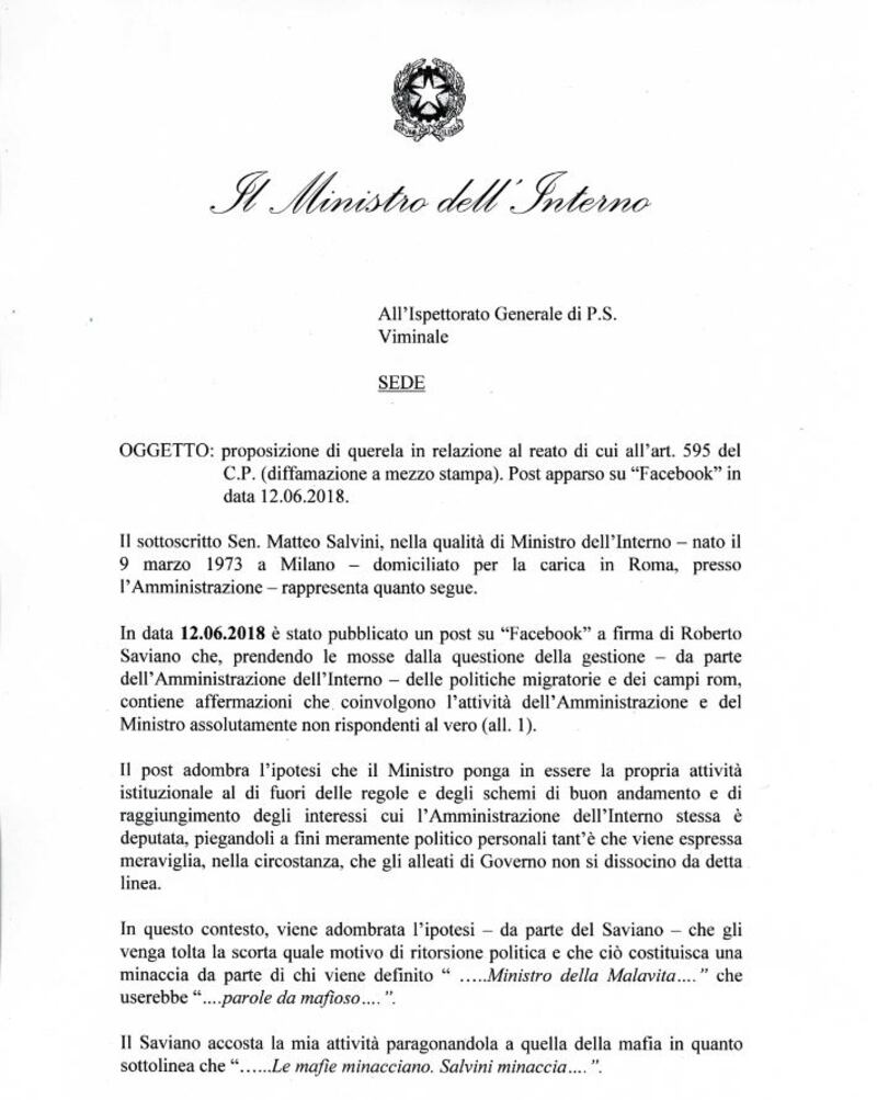 Querela Salvini a Saviano