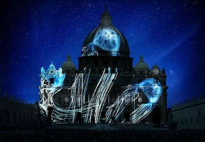 Jellyfish projected on St. Peter's Basilica. Photography by David Doubilet. Artistic rendering by Obscura Digital
