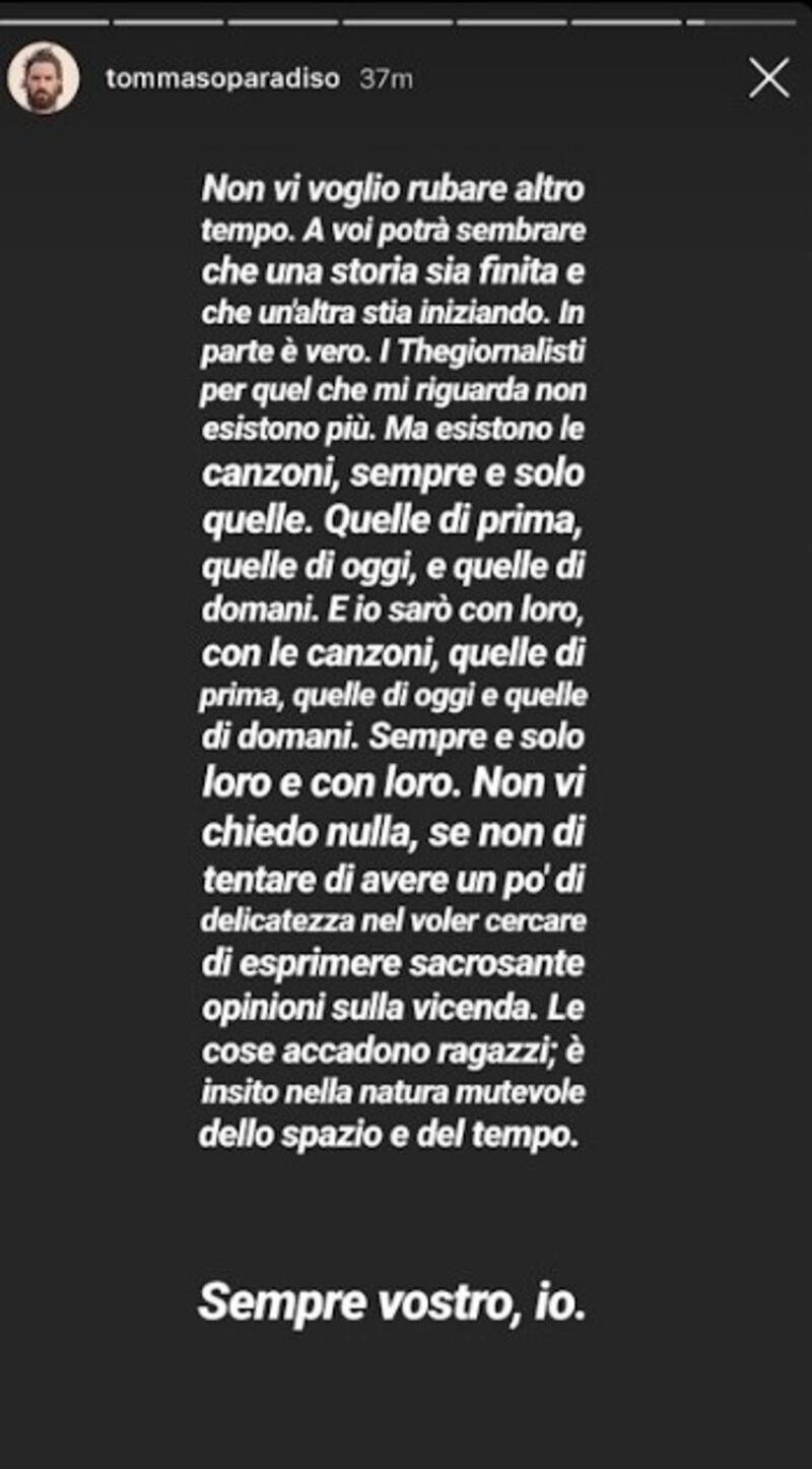 Tommaso Paradiso lascia Thegiornalisti