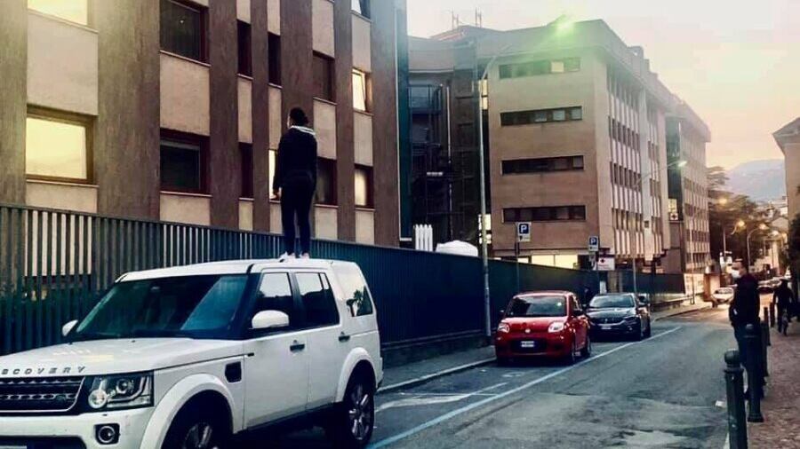 Sul tetto dell'auto per vedere la mamma