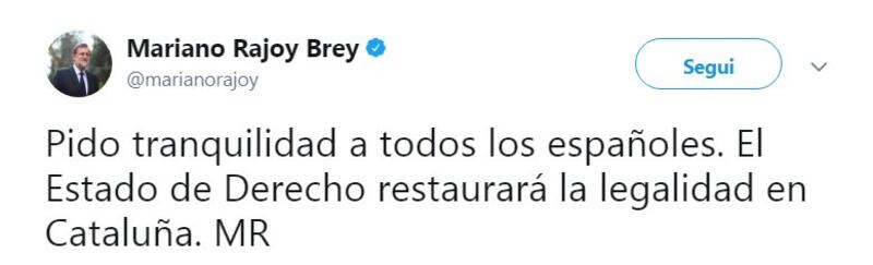 Tweet Rajoy dopo dichiarazione indipendenza Catalogna