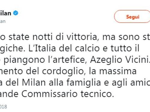 Scomparsa Vicini: il cordoglio di Milan, Inter e di altri club di Serie A