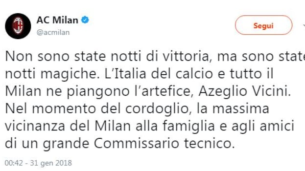 Scomparsa Vicini: il cordoglio di Milan, Inter e di altri club di Serie A