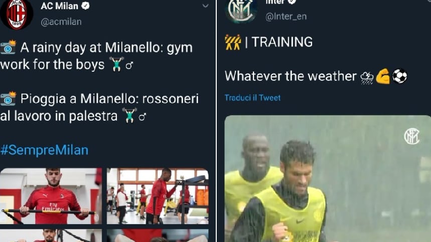 L'Inter si allena sotto l'acquazzone? Il Milan si rifugia in palestra