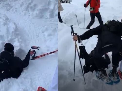 Fedez cade e finisce fuori pista sulla neve, tutti lo filmano ma nessuno lo aiuta
