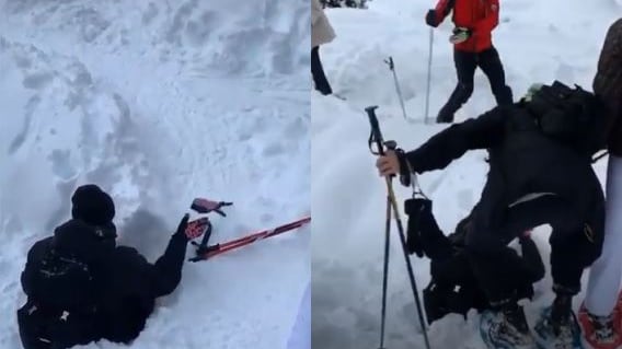 Fedez cade e finisce fuori pista sulla neve, tutti lo filmano ma nessuno lo aiuta