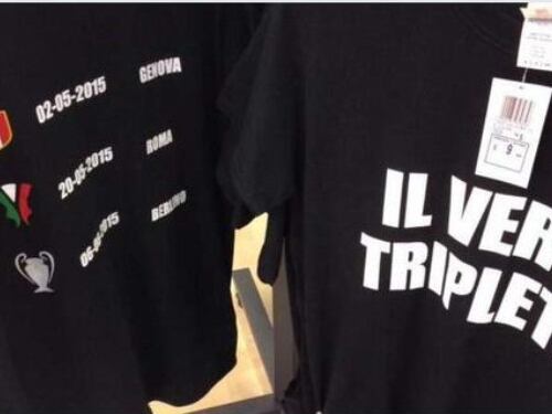Compra 10mila t-shirt con la scritta Triplete. Tifoso juventino in rovina
