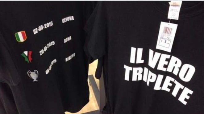 Compra 10mila t-shirt con la scritta Triplete. Tifoso juventino in rovina