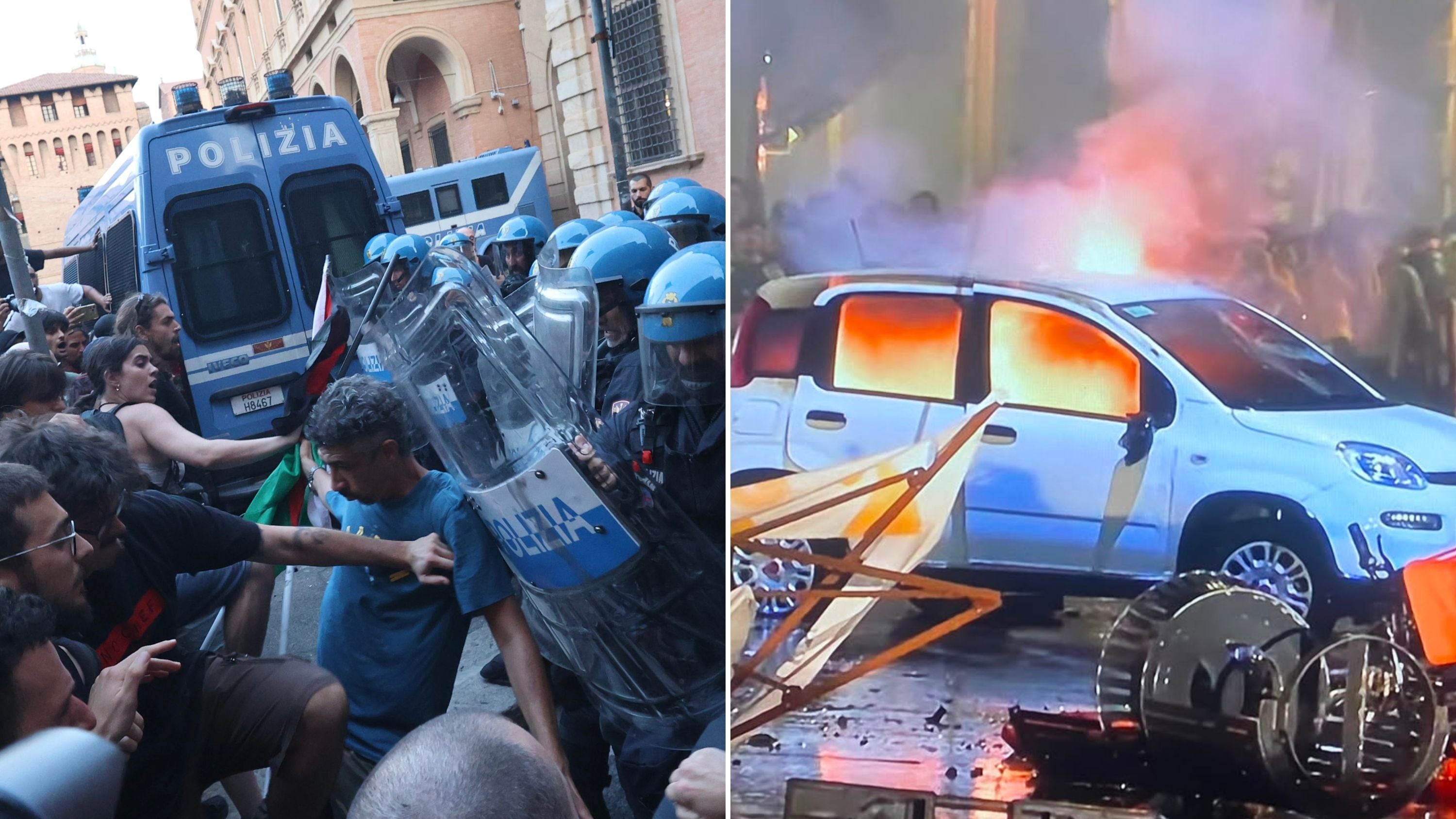 Bologna, scontri al corteo per Fakir. Lancio di bottiglie, bombe carta e auto bruciate dagli antagonisti. Cori contro gli agenti: "Assassini"