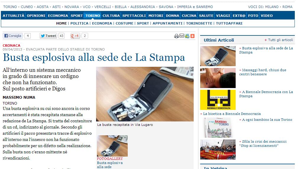 Torino, pacco bomba alla sede de La Stampa
