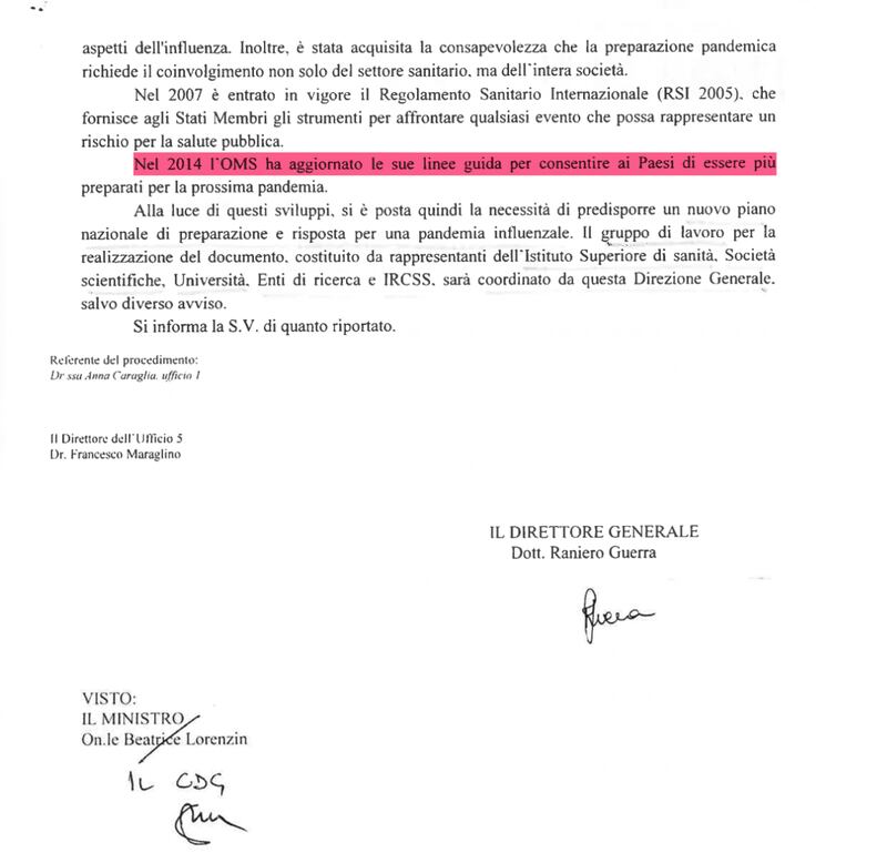 La nota inviata da Guerra all'ex ministro Lorenzin