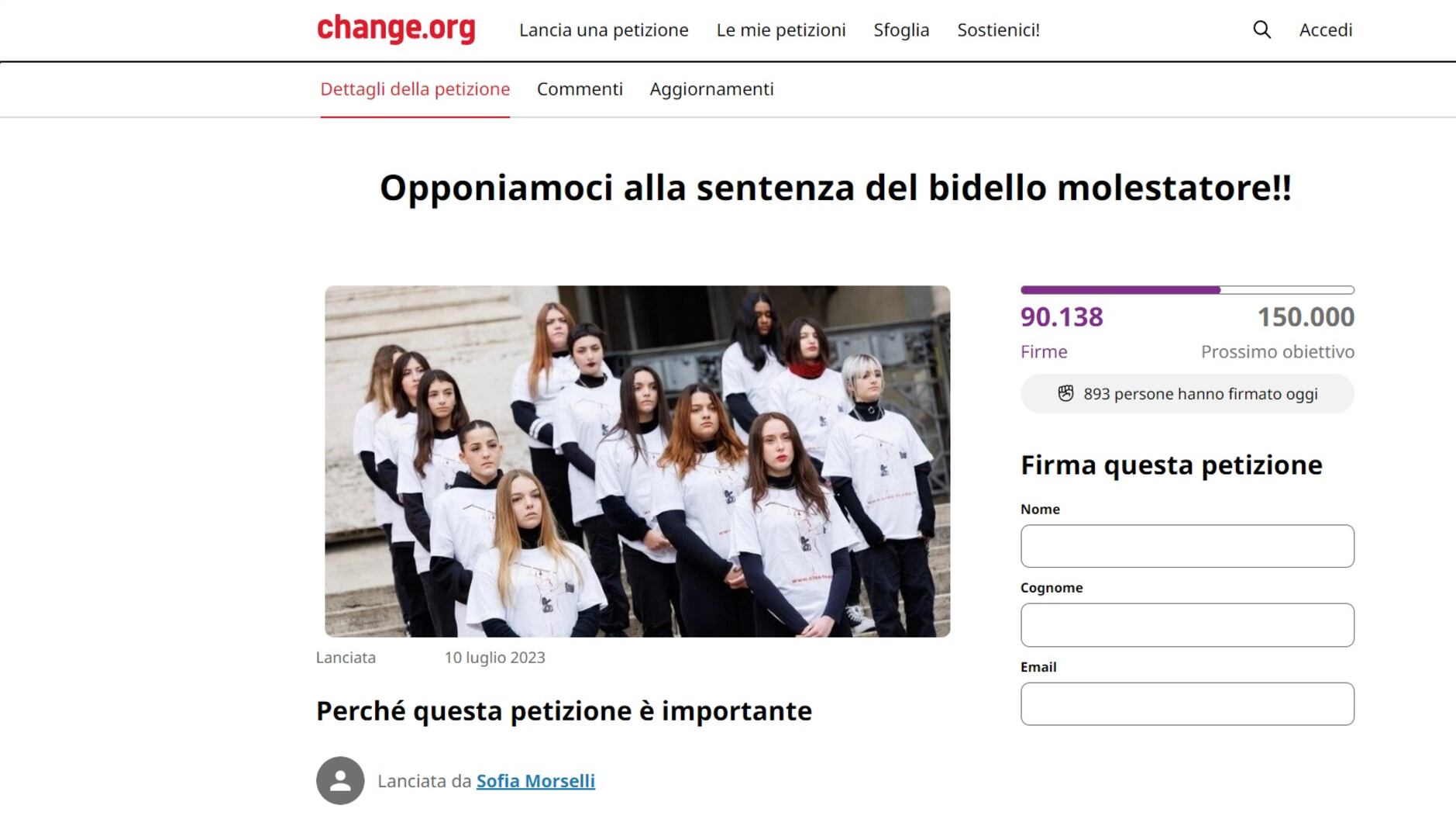 Caso "palpata breve": 90 mila firme contro l'assoluzione del bidello