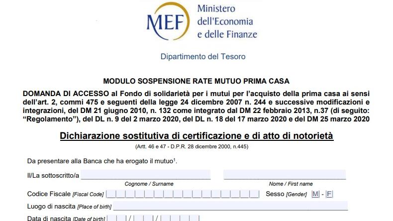 Coronavirus, sospensione rata del mutuo: modulo e requisiti
