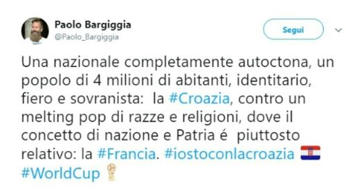 Bufera su Paolo Bargiggia per il tweet identitario pro Croazia e contro la Francia: "È razzismo"