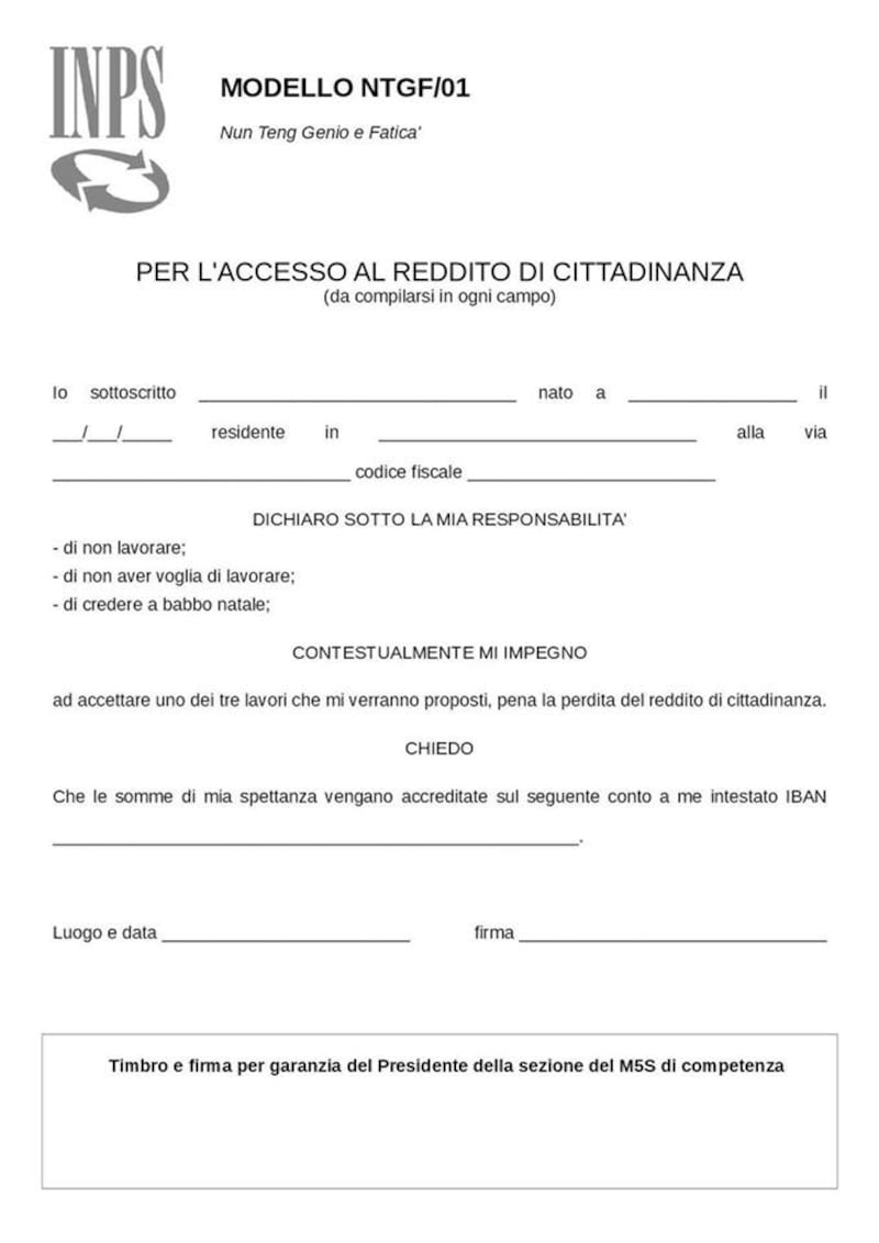 Il finto modulo per il reddito di cittadinanza