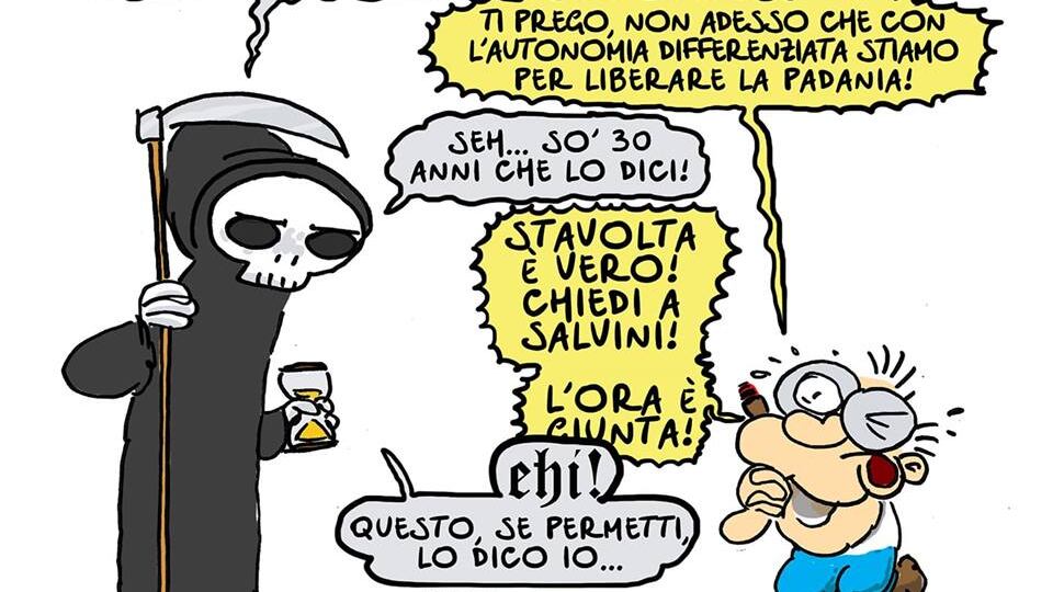 Vignetta choc del Fatto, Morte va a prendere Bossi: "È giunta l’ora"