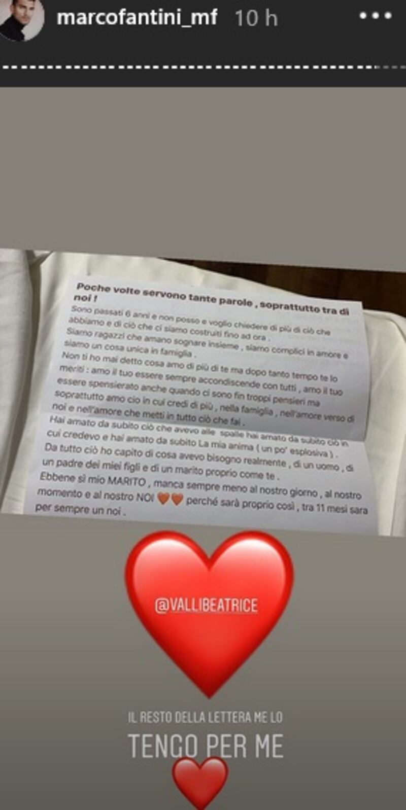 Beatrice Valli, lettera per Marco Fantini