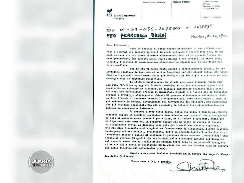 “Furibonda, molto furibonda”. La lettera inedita di Oriana Fallaci dopo l’11 settembre