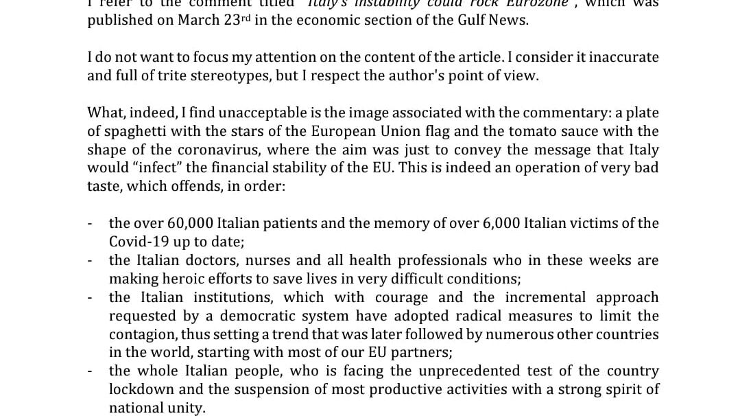 Dubai, "spaghetti al coronavirus": l'ira dell'ambasciatore italiano