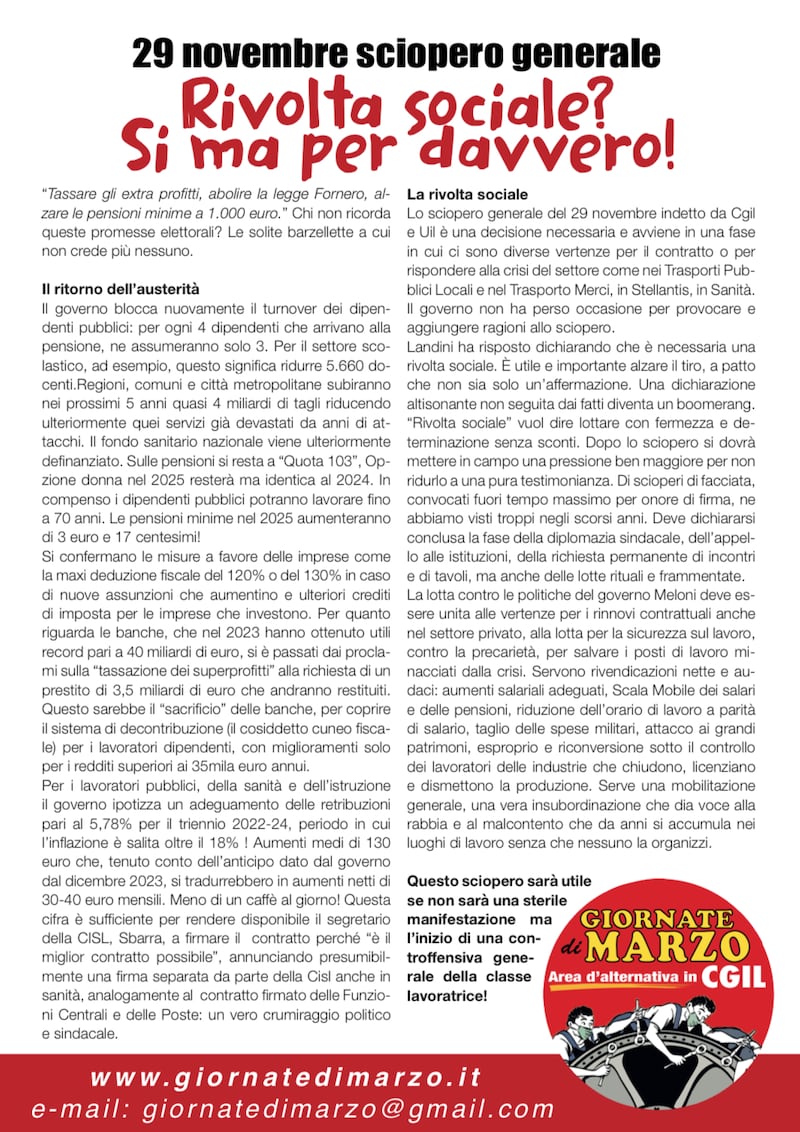 Voltantino dell’area “Giornate di Marzo” della Cgil, condiviso dal Partito Comunista Rivoluzionario