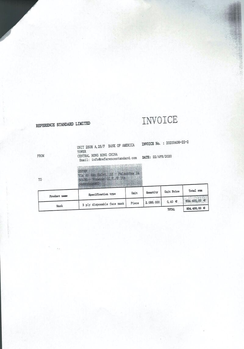 In foto, una delle fatture emesse dalla Regione Toscana 