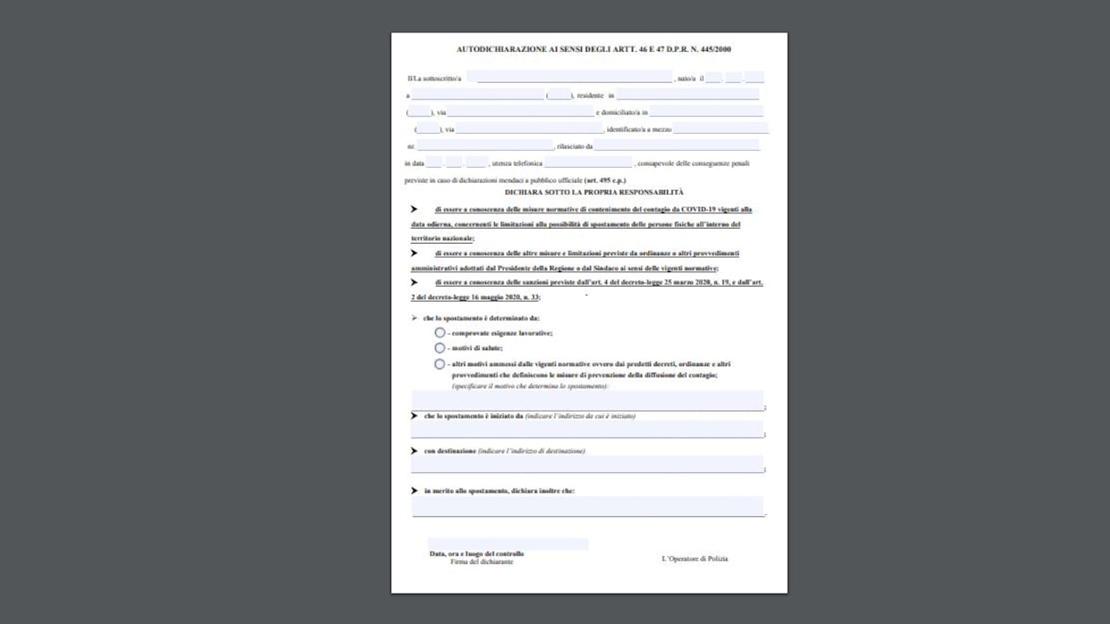 Ora torna l'autocertificazione: clicca qui per scaricare il modulo