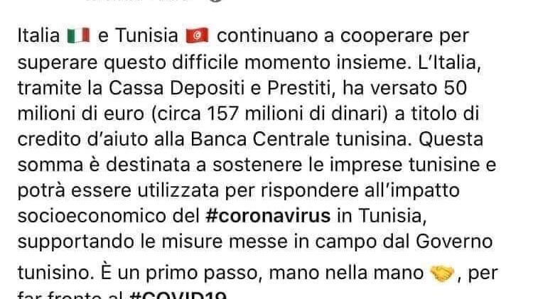 L'Italia versa 50 milioni alla Tunisia nonostante l'emergenza Covid19