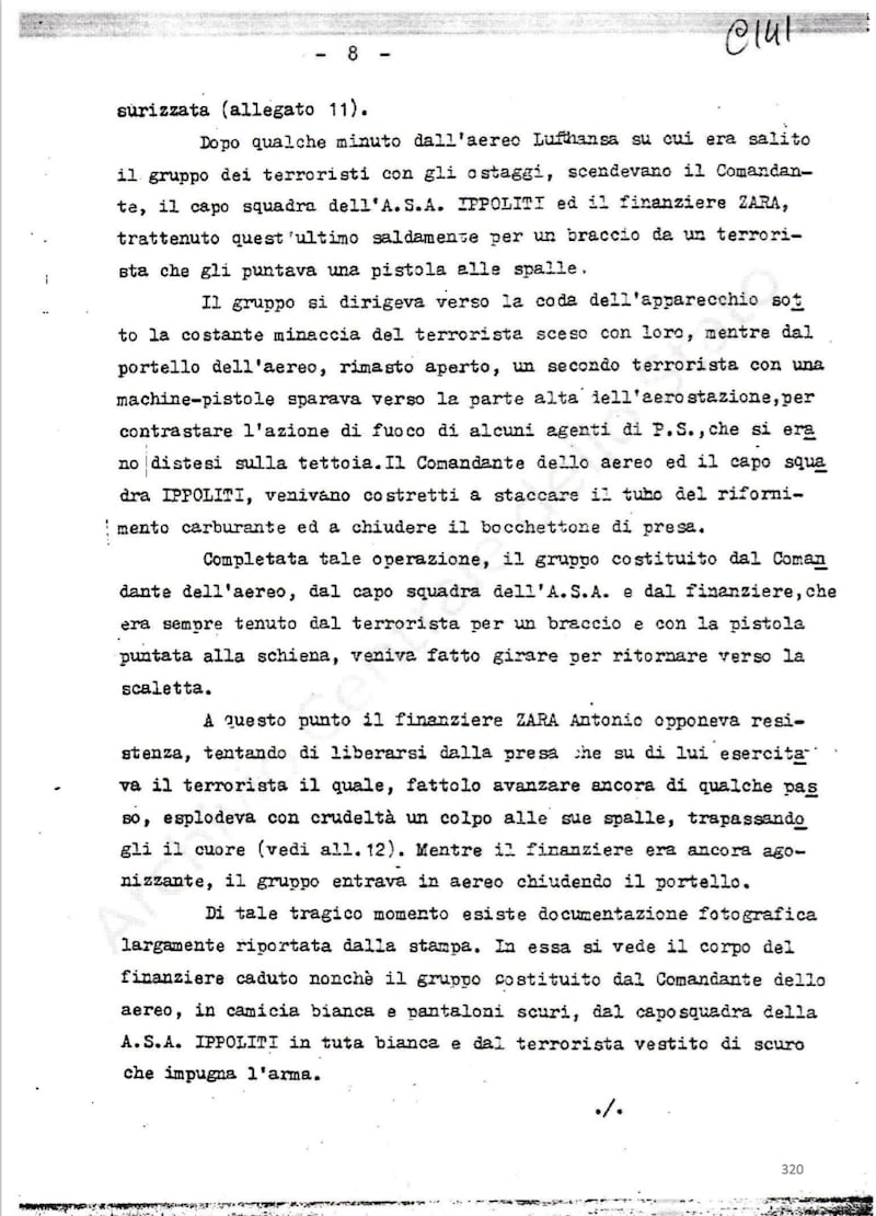 Una pagina della relazione della Commissione sull'attentato di Fiumicino