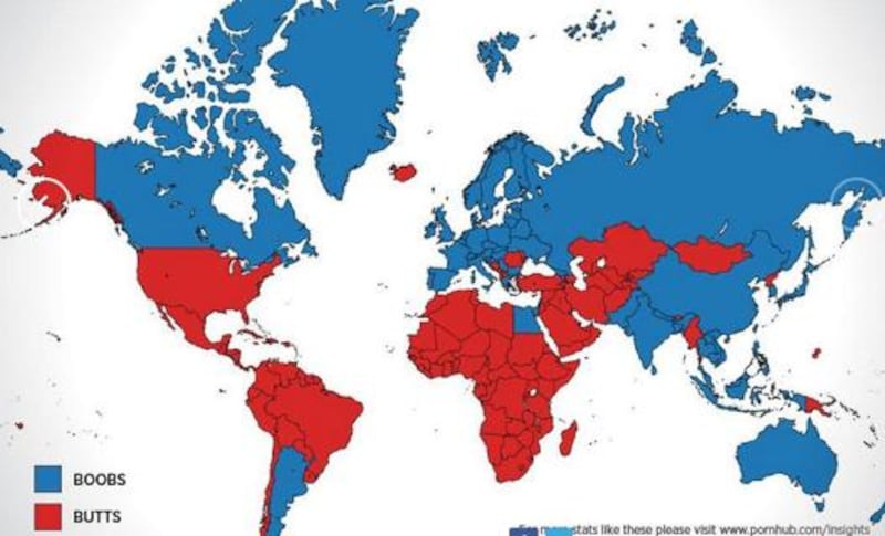 In rosso i Paesi che "preferiscono" i glutei; in azzurro quelli dove vince il seno
