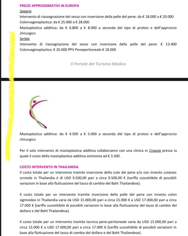 Pdf informativo sui prezzi del cambio di sesso inviato via mail da Il portale del turismo medico