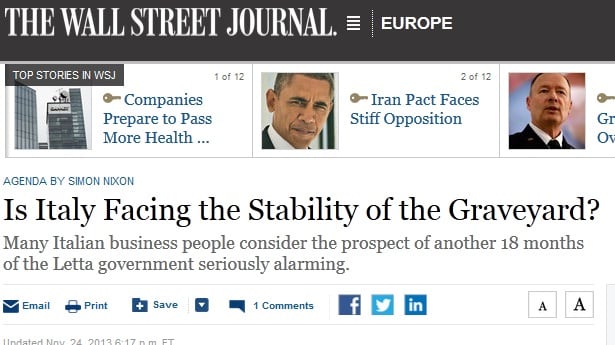 Wall Street Journal: stabilità di Letta come quella di un cimitero