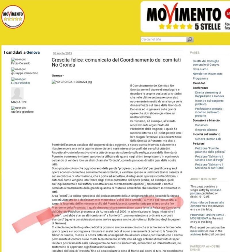 Il capo dei No Gronda fa mea culpa: "La favoletta? Mi sono fidato dei tecnici"